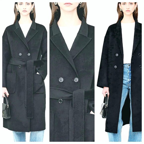Women Black 100% Wool Double Breasted Button Belted Long Coat Trench Wool Coat - Picture 1 of 6